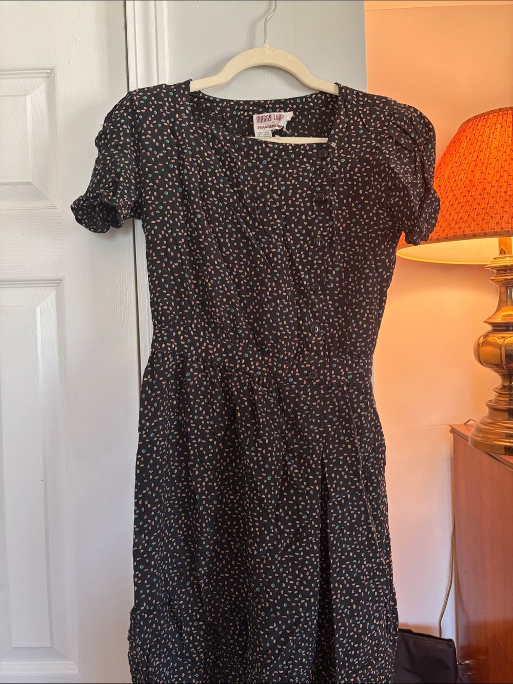 Vintage Black Floral Short-Sleeve Wrap Dress
